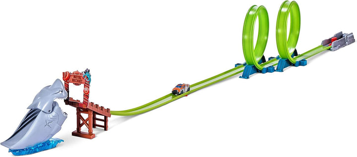 Metal Machines Shark Attack Building Trackset mit Mini-Rennwagen, Diecast Spielset