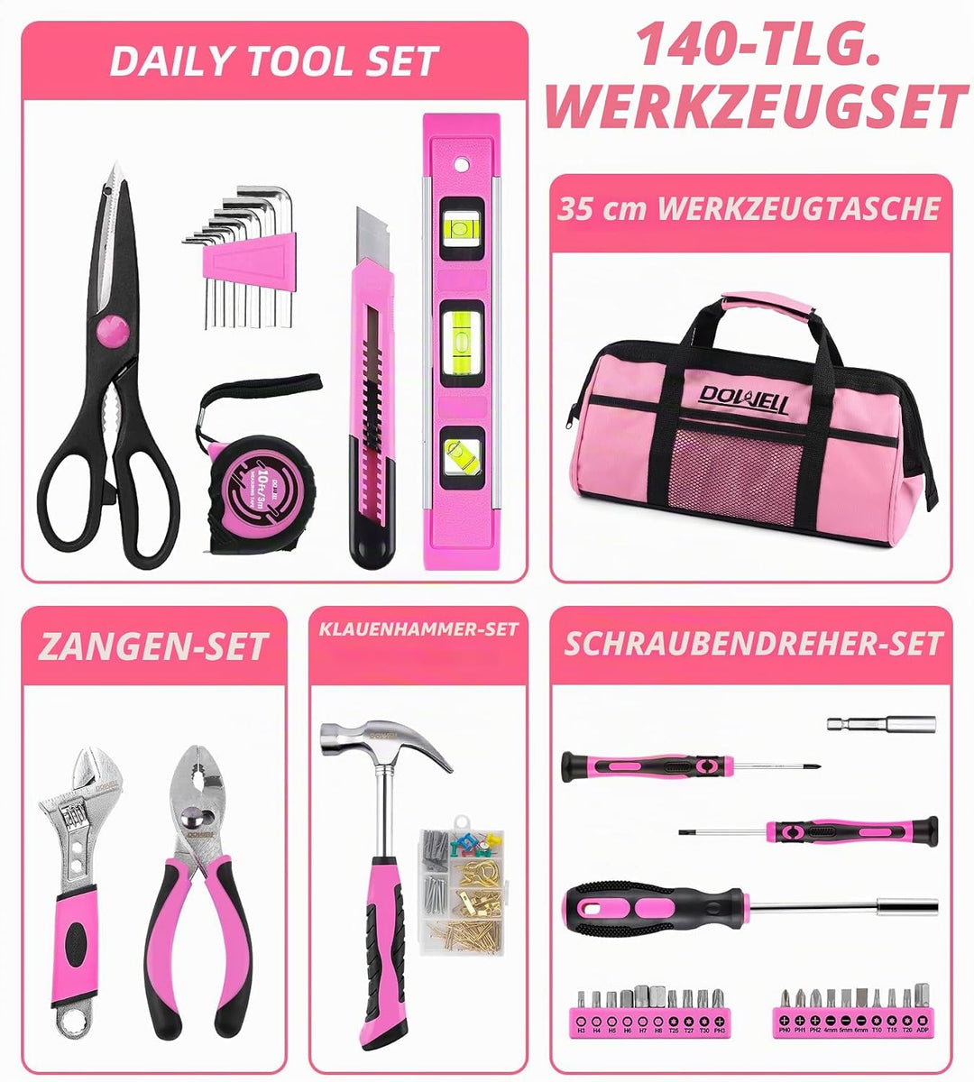 DOWELL Pinkes Werkzeugset für Damen, Mädchen, Damen, Haushaltswerkzeug-Set mit 35,6 cm Werkzeugtasch