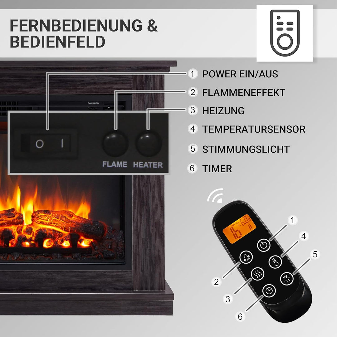 CrownFlame Phanos Elektrokamin - Elektrischer Standkamin mit Heizung 1000/2000 W, realistischer 3D-F