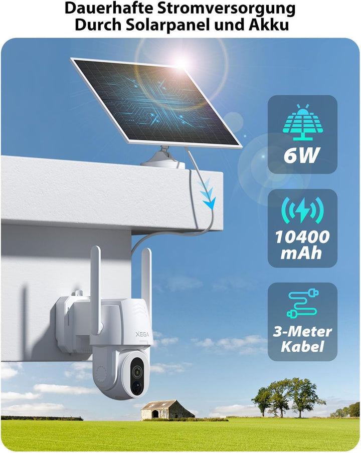 Xega 4G LTE Überwachungskamera mit SIM Karte, Kabellos Solar PTZ IP Kamera Outdoor, Kein WLAN Erford