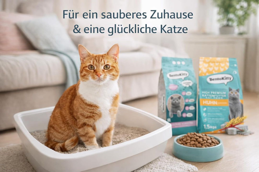 Katzenstreu 10L Babypuder + Katzenfutter Huhn 1,5kg – Klumpstreu aus Bentonit, saugstark & geruchsbi