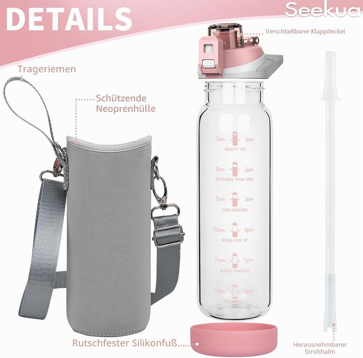 Seekua 0.8l Sport Trinkflasche Glas Flasche mit Strohhalm &amp; Zeitmarkierung 800ml auslaufsicher bpa f