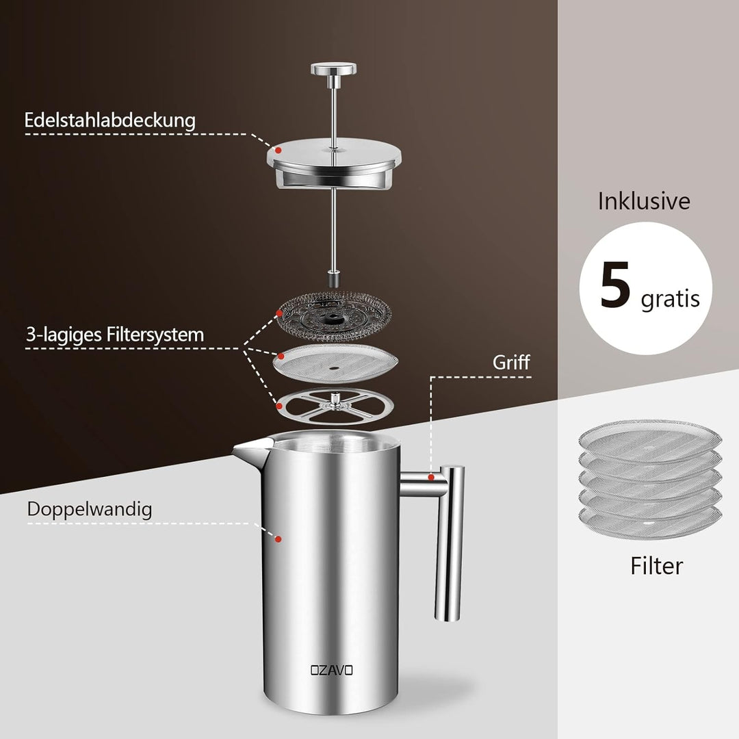 OZAVO Kaffeebereiter 1L French Press Edelstahl Thermo mit 5 Edelstahlfilter Doppelwandig Isoliert Sy
