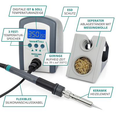 Quick 3104 Digital Regelbare ESD Lötstation inkl. Lötkolben mit 2 mm Lötspitze und Zubehör - 100°- 4