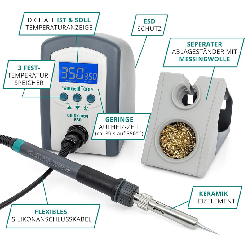 Quick 3104 Digital Regelbare ESD Lötstation inkl. Lötkolben mit 2 mm Lötspitze und Zubehör - 100°- 4