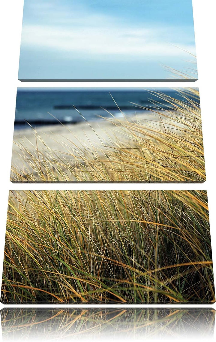 Pixxprint Sanddünen mit Schilfgras am Meer 3-Teiler Leinwandbild 120x80 Bild auf Leinwand