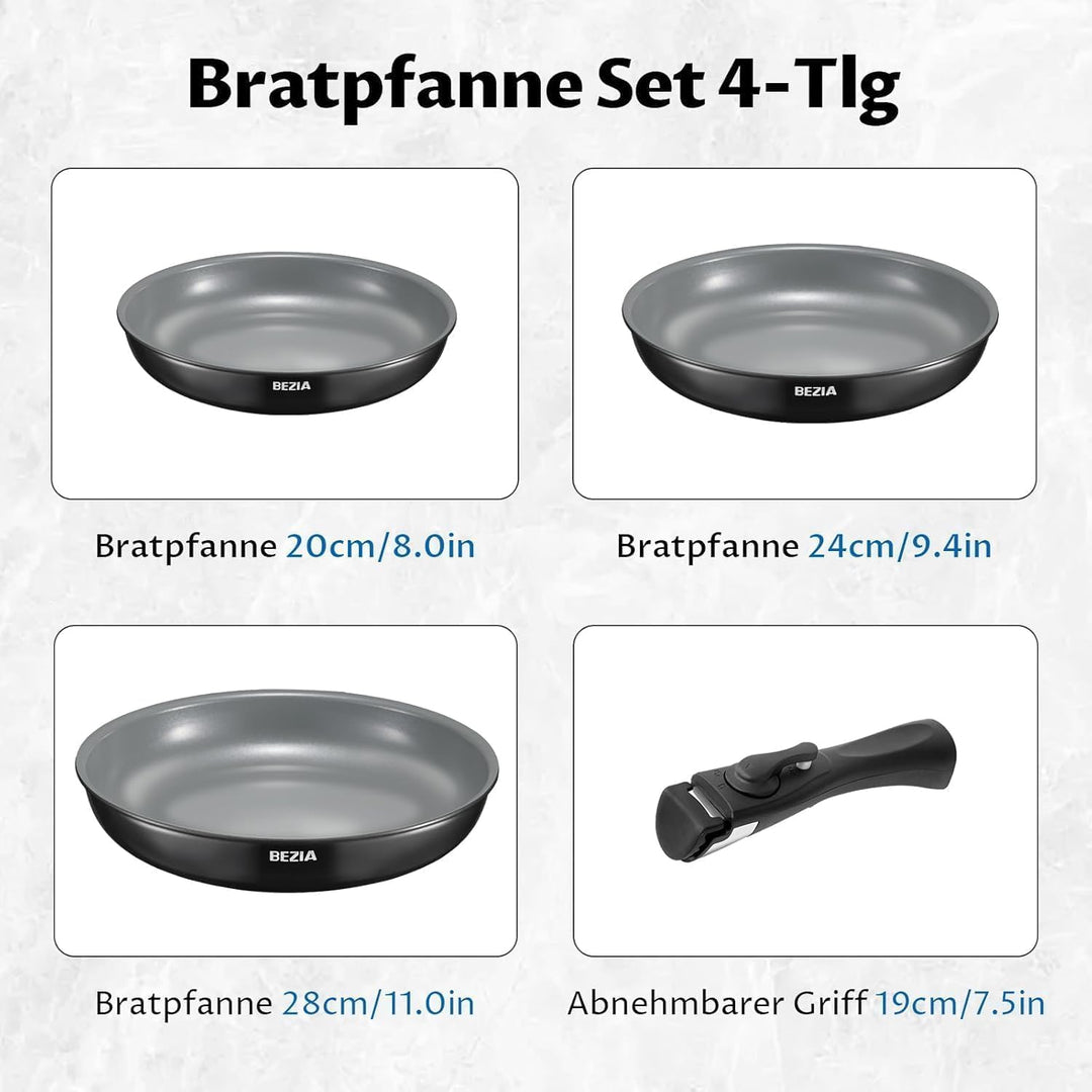 BEZIA Pfannenset mit abnehmbarem Griff, Bratpfannen Set mit Keramikbeschichtung, Induktions Pfannen