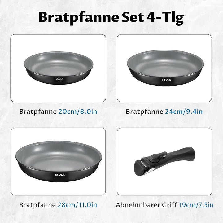 BEZIA Pfannenset mit abnehmbarem Griff, Bratpfannen Set mit Keramikbeschichtung, Induktions Pfannen