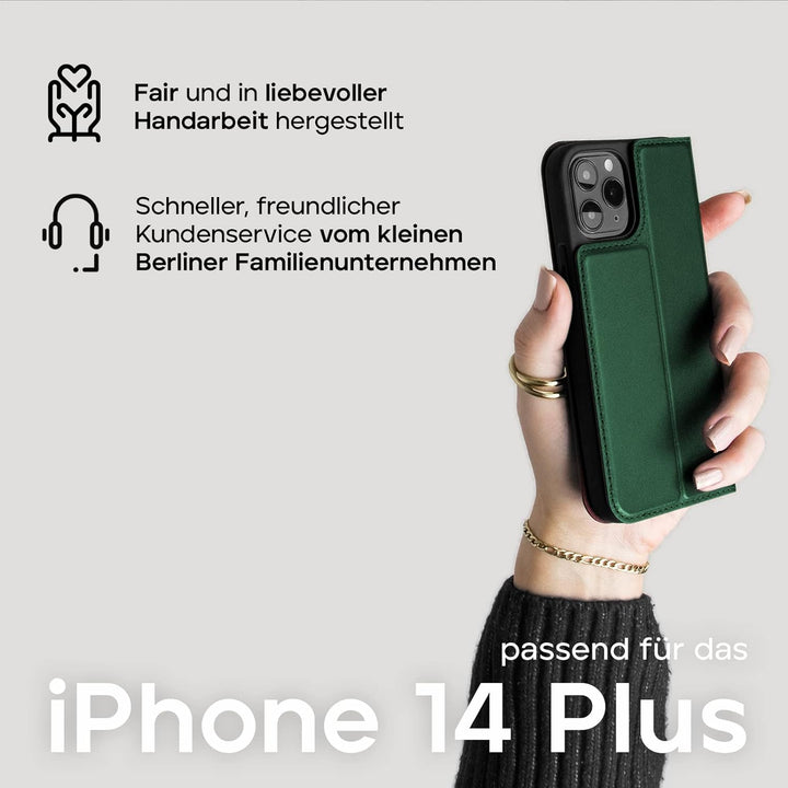 WIIUKA Hülle für iPhone 14 Plus, Leder aus Deutschland, mit Kartenfach, extra Dünn, Handyhülle mit S