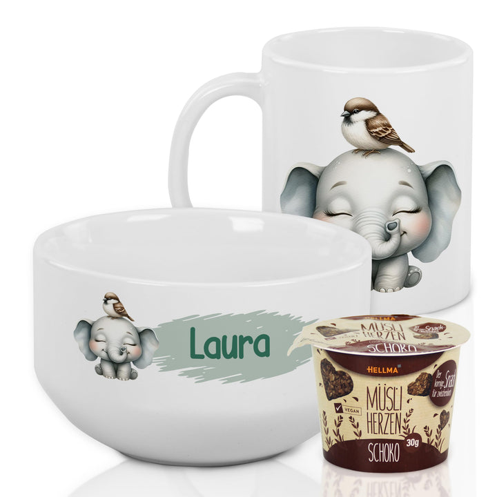 GRAZDesign Frühstückset Tasse mit Müslischale personalisiert für Kinder Elefant Motiv aus Keramik -