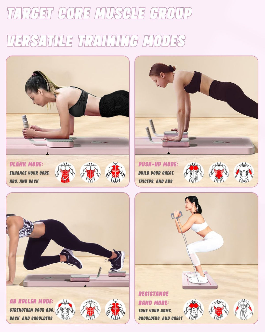 Faltbares Multifunktions-Pilates- und Bauchmuskeltrainingsgerät mit Bauch-Roller,Pilates Board Ellen