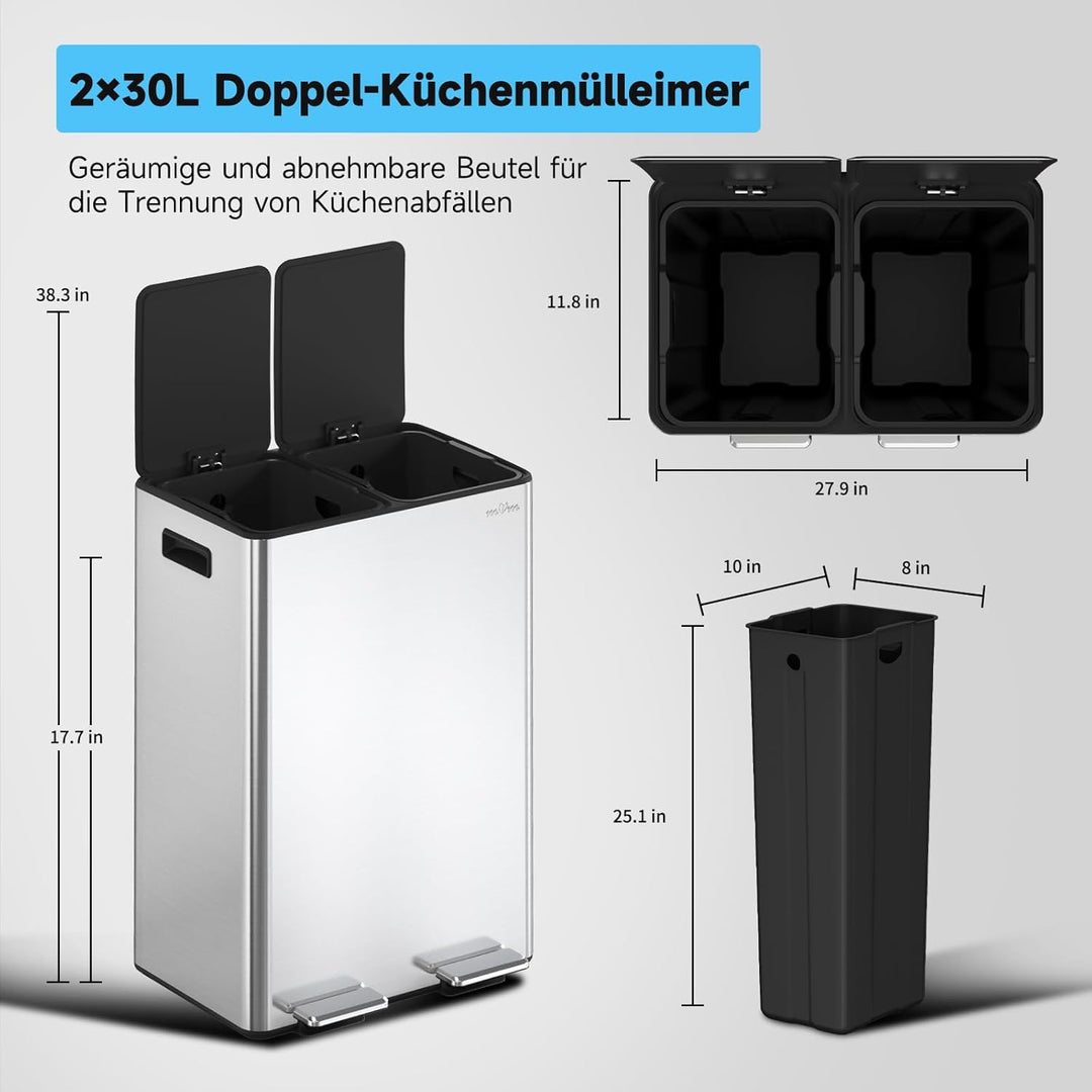 mVm Mülleimer Küche,60 Liter Treteimer,2 x 30 Liter Treteimer, 2 Fächer, Mülltrennsystem, Abfalleime