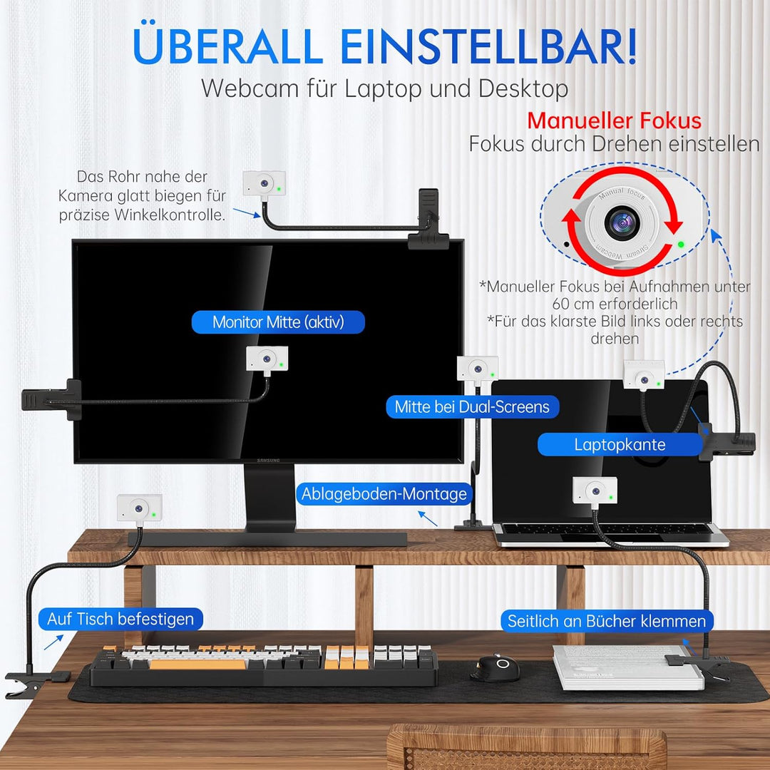 Webcam 1080P mit Mikrofon und Sichtschutzklappe – USB Webcam für PC, Laptop & Zoom, Augenkontakt-Kam