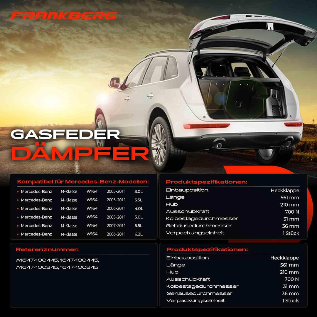 Frankberg 2x Gasfeder Dämpfer Heckklappe Kompatibel mit W164 ML280 ML300 ML320 ML350 ML420 ML450 ML5