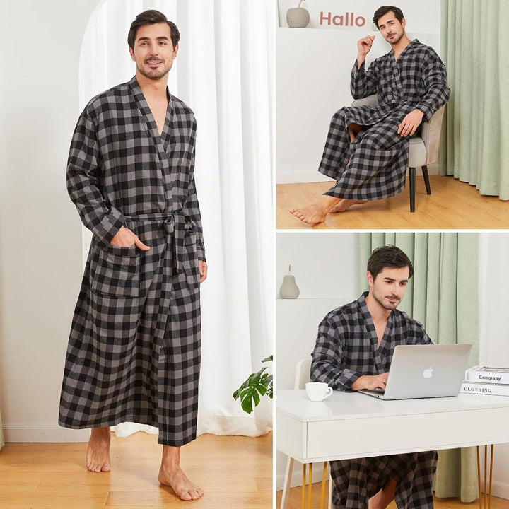 FashGudim Bademantel Herren 100% Baumwolle Lang Kariert Herren Morgenmantel Leicht Sommer XL Schwarz