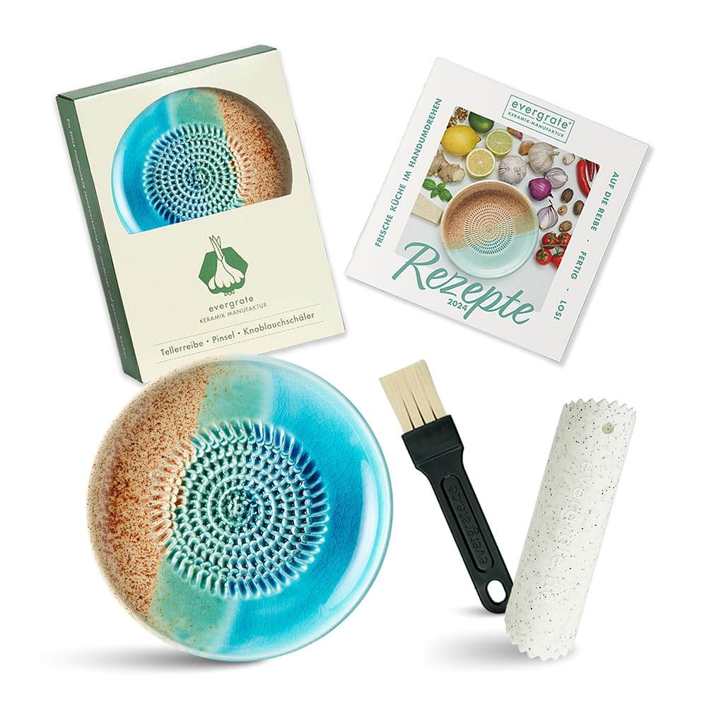 Evergrate® Keramikreibe Ocean mit Geschenkbox – mit Reibe, Knoblauchschäler, Rezeptheft & Pinsel – H
