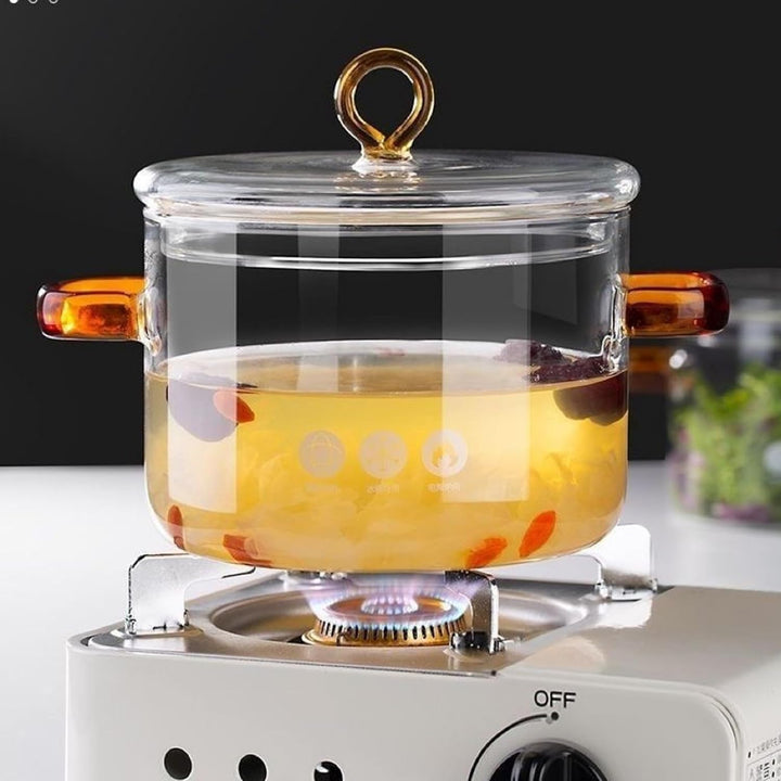 Klarer Topf mit Deckel, 1,5 l, Glastopf mit zwei Griffen, mikrowellengeeignet, klarer Simmertopf, hi