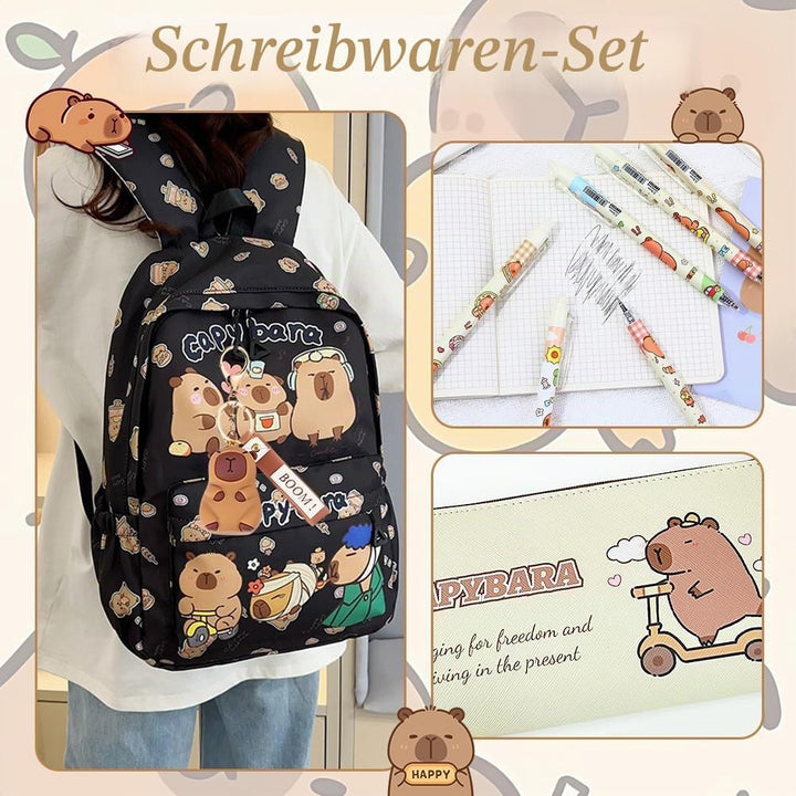 Capybara Rucksack Set - Schulrucksack Grosse Kapazität mit Capybara Federmäppchen, Stiften & Schlüss
