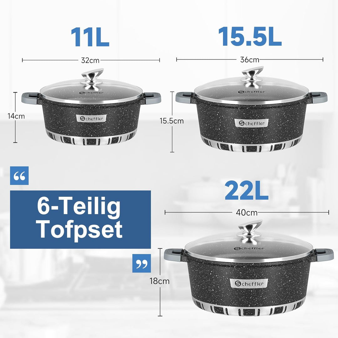 Topfset Scheffler Kochtopf Set Induktion 6-teilig,32/36/40cm Töpfe Set mit Glasdeckel,Antihaftbeschi