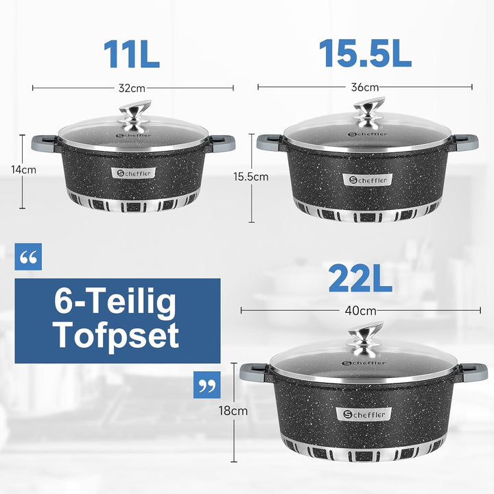 Topfset Scheffler Kochtopf Set Induktion 6-teilig,32/36/40cm Töpfe Set mit Glasdeckel,Antihaftbeschi