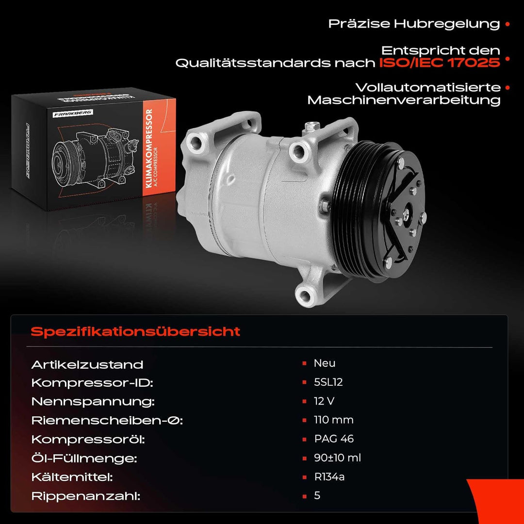 Frankberg Klimakompressor Klimaanlage Kompatibel mit 500L 351 352 0.9L 1.4L 2012-2022 Punto 199 0.9L
