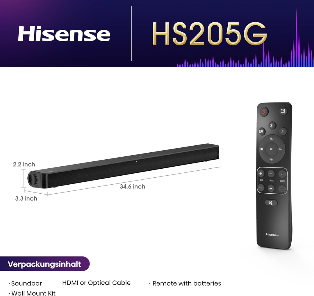 Hisense HS205G 2.0 Kanal Soundbar, 120 Watt, DTS Virtual: X, Bluetooth 5.0, HDMI Arc, USB, Optisch,