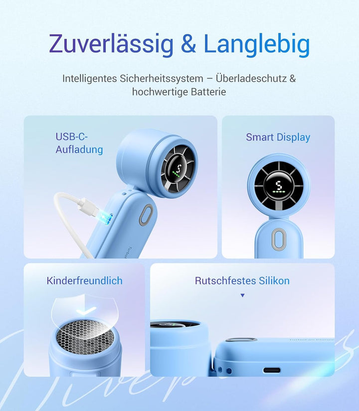 Diveblues 3-in-1 Handventilator Turbo Ventilator mit 4000mAh USB-Akku Aufladbar, 5 Stufen, Faltbar T