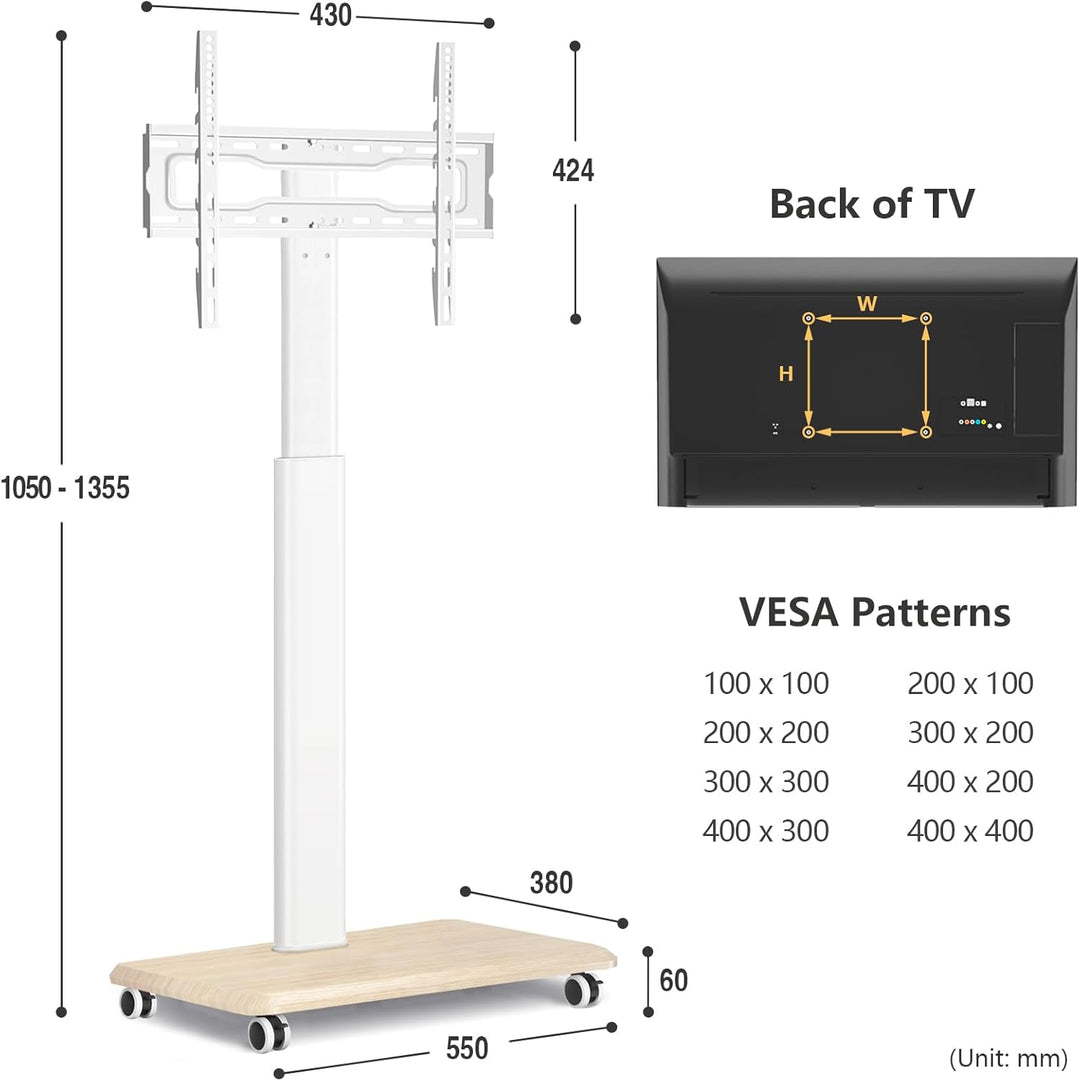 TVON Weiss TV Ständer mit Rollen für 32-65 Zoll Fernseher, Holz TV Standfuss Mobiler Fernsehständer
