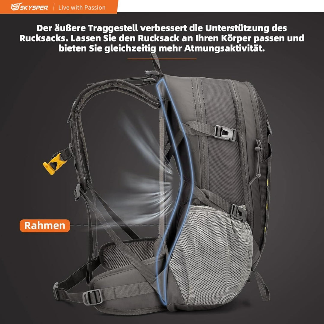 SKYSPER Wanderrucksack 30L Trekkingrucksack Wasserfest mit Rückenbelüftung und Netzrücken Tagesausfl