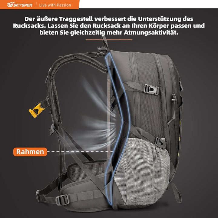 SKYSPER Wanderrucksack 30L Trekkingrucksack Wasserfest mit Rückenbelüftung und Netzrücken Tagesausfl