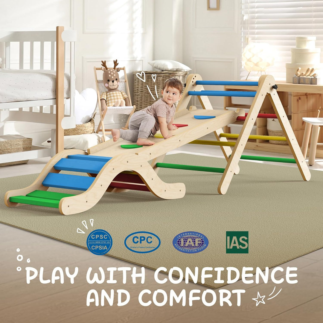 Montessori Indoor Spielset: 7-in-1 Klettergerüst mit Rutsche, Bogen & Matte für Kleinkinder und Kind