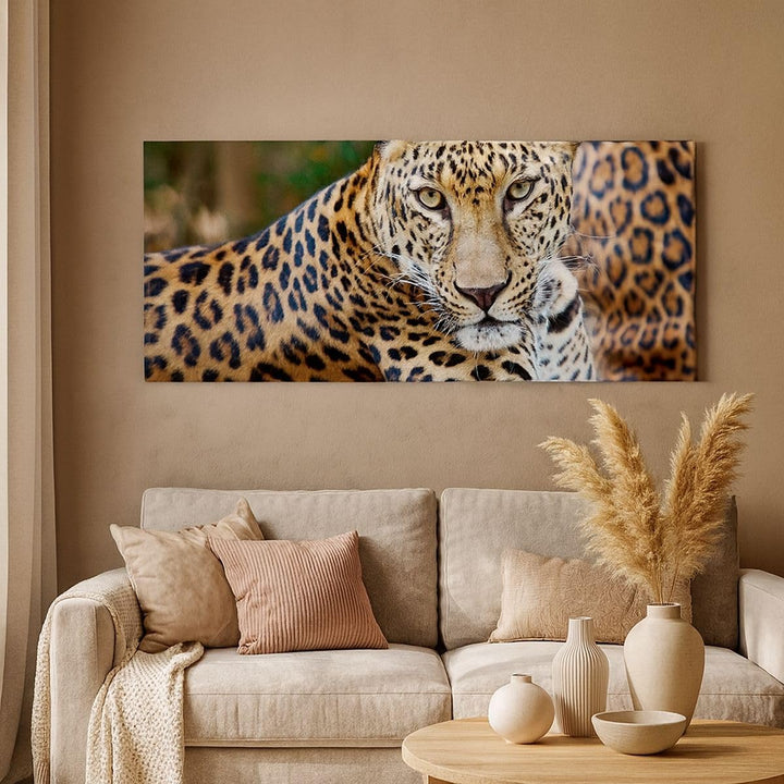 ARTTOR Bilder auf Leinwand 100x40cm Leinwandbild Leopardpanther Katze Tier Savanne Gross Wanddeko Bi