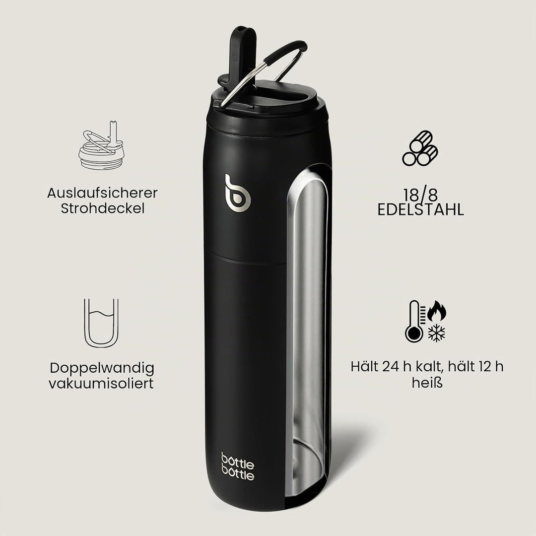BOTTLE BOTTLE Edelstahl-Wasserflasche mit Strohhalm und Deckel, 900 ml vakuumisolierte Wasserflasche