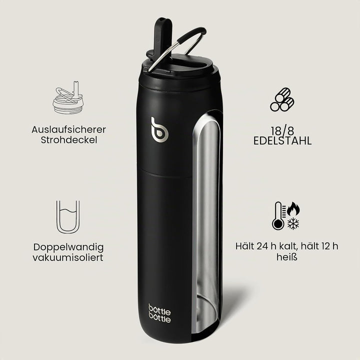 BOTTLE BOTTLE Edelstahl-Wasserflasche mit Strohhalm und Deckel, 900 ml vakuumisolierte Wasserflasche