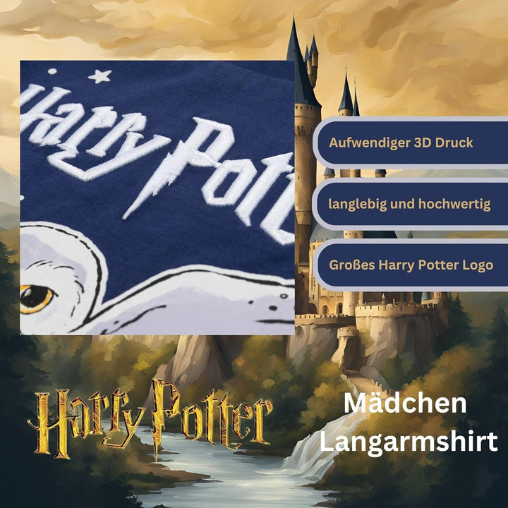 Harry Potter Mädchen Pullover Hogwarts Langarmshirt - T-Shirt mit Hedwig Design - 100% Baumwolle - B