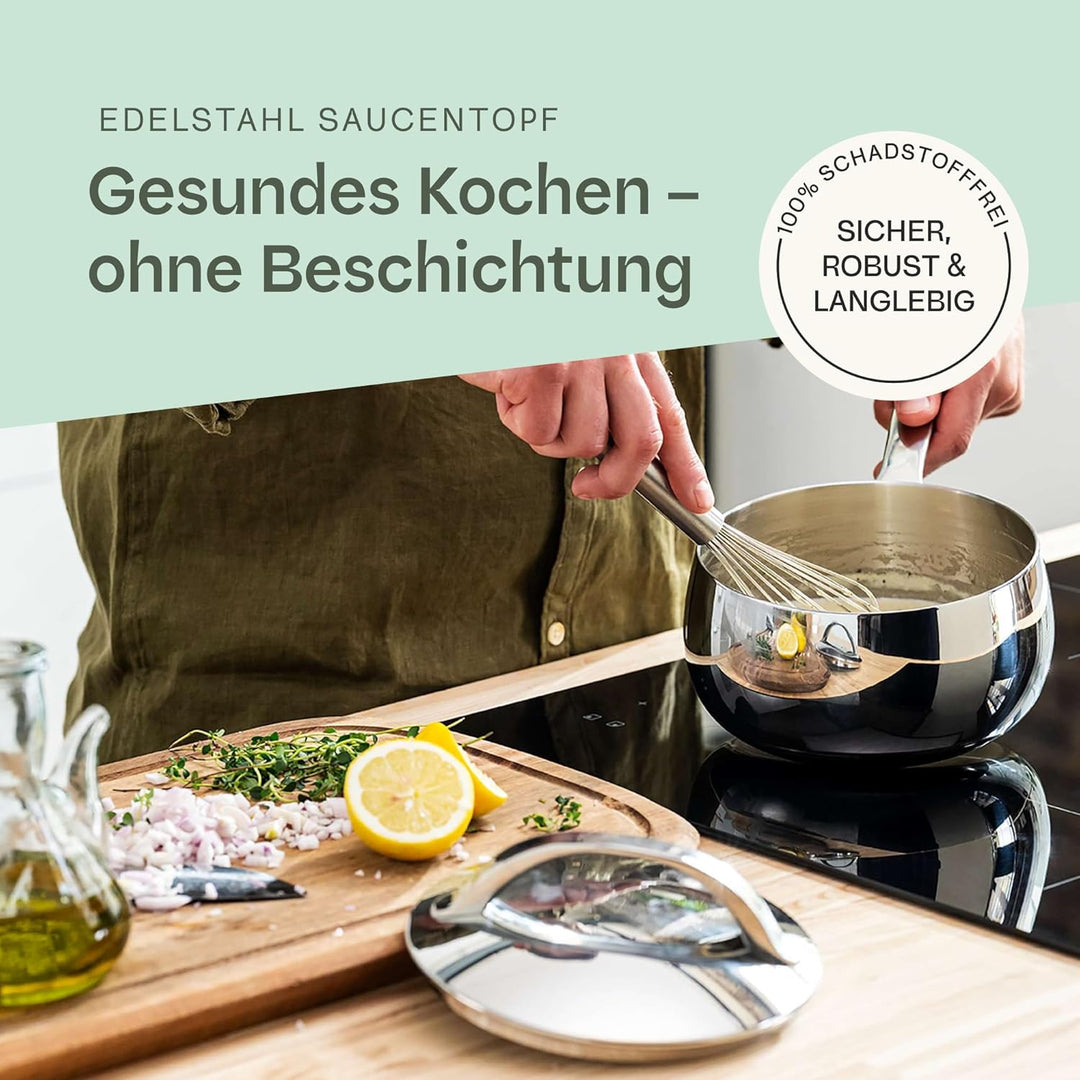 BergHOFF Home Kochtopf klein (16cm) – Stielkasserolle - Edelstahl Topf mit Deckel - Kochtopf für all