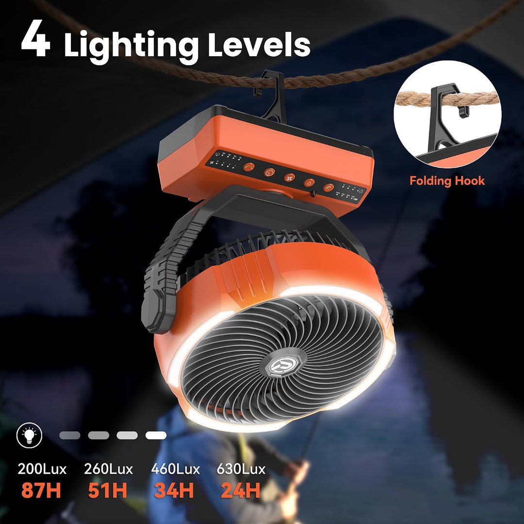 Campingventilator mit LED-Laterne, 20000mAh Zeltventilator mit Haken, 270° Drehung, 4 Geschwindigkei
