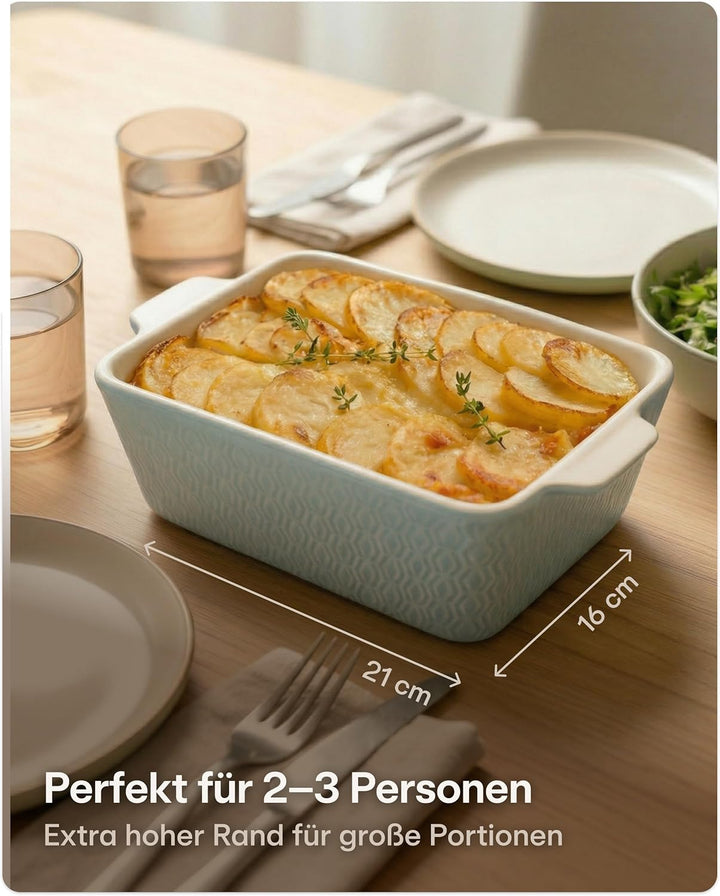 Auflaufform aus Keramik für 2 Personen - Für Lasagne, Tiramisu & Auflauf - Extra Hoher Rand - Eckig