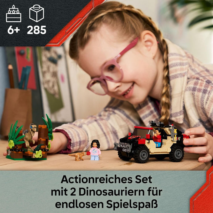 LEGO Jurassic World Raptor: Verfolgungsjagd mit dem Geländewagen – 2 Dinosaurier Figuren, Auto, 2 Mi