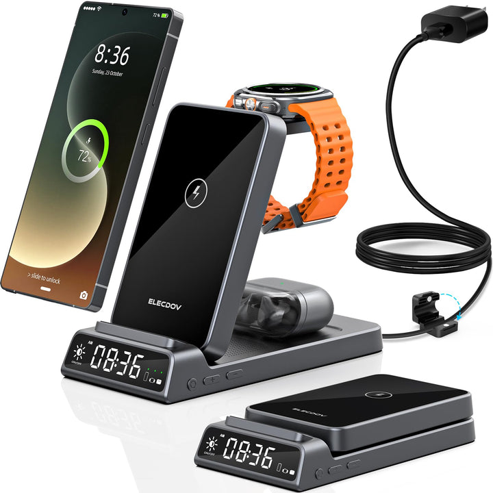 3 in 1 Drahtloses Ladegerät für Samsung Ladestation mit Uhr, Faltbare, Grau | Ladestation für Samsun