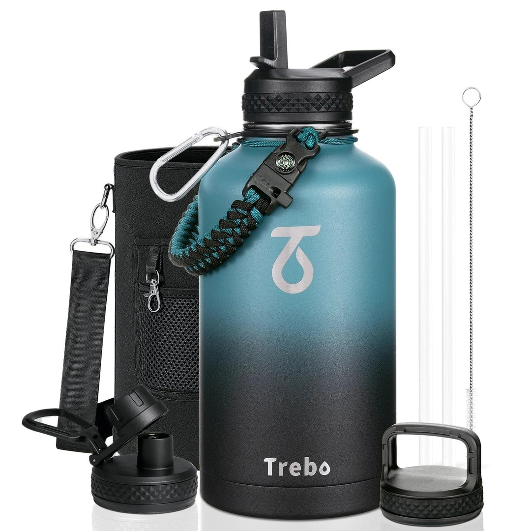 Thermosflasche mit Strohhalm 2L, Trebo Trinkflasche Edelstahl mit Paracord-Griff & 3 Deckeln, Edelst