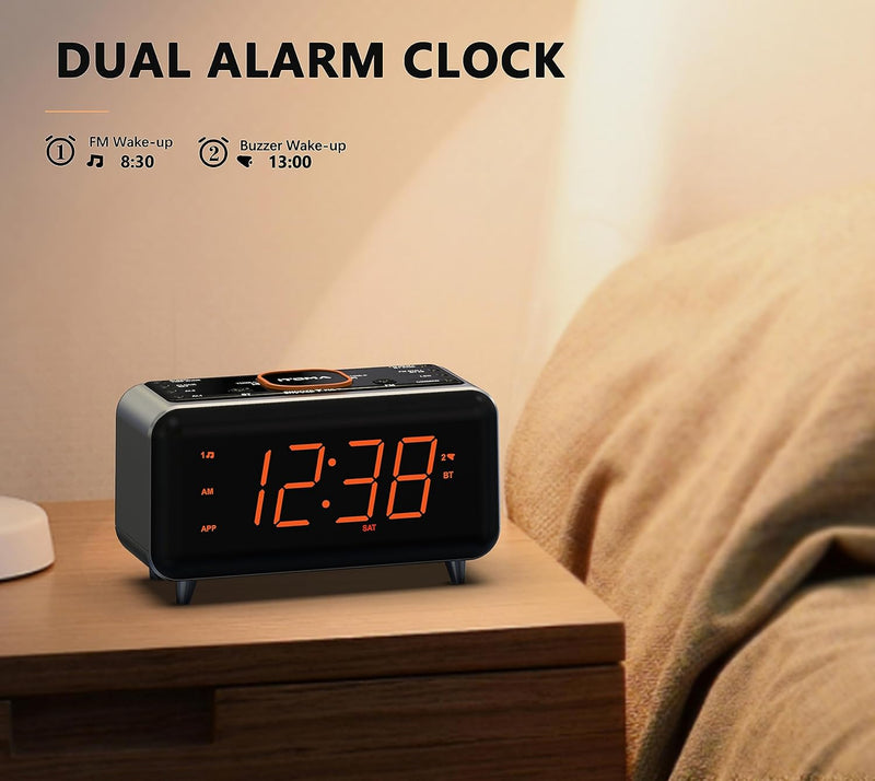 Radiowecker mit App-Steuerung, Bluetooth, FM-Radio, Dual Alarm von 4-Alarmmodi, Easy Snooze, Dimmer,