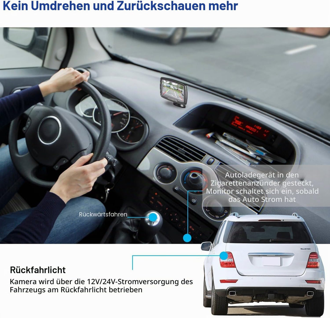 AUTO-VOX TD2 Rückfahrkamera Drahtlos Set mit 4.3" Zoll LCD Monitor, Wireless Einparkhilfe 12V mit IP