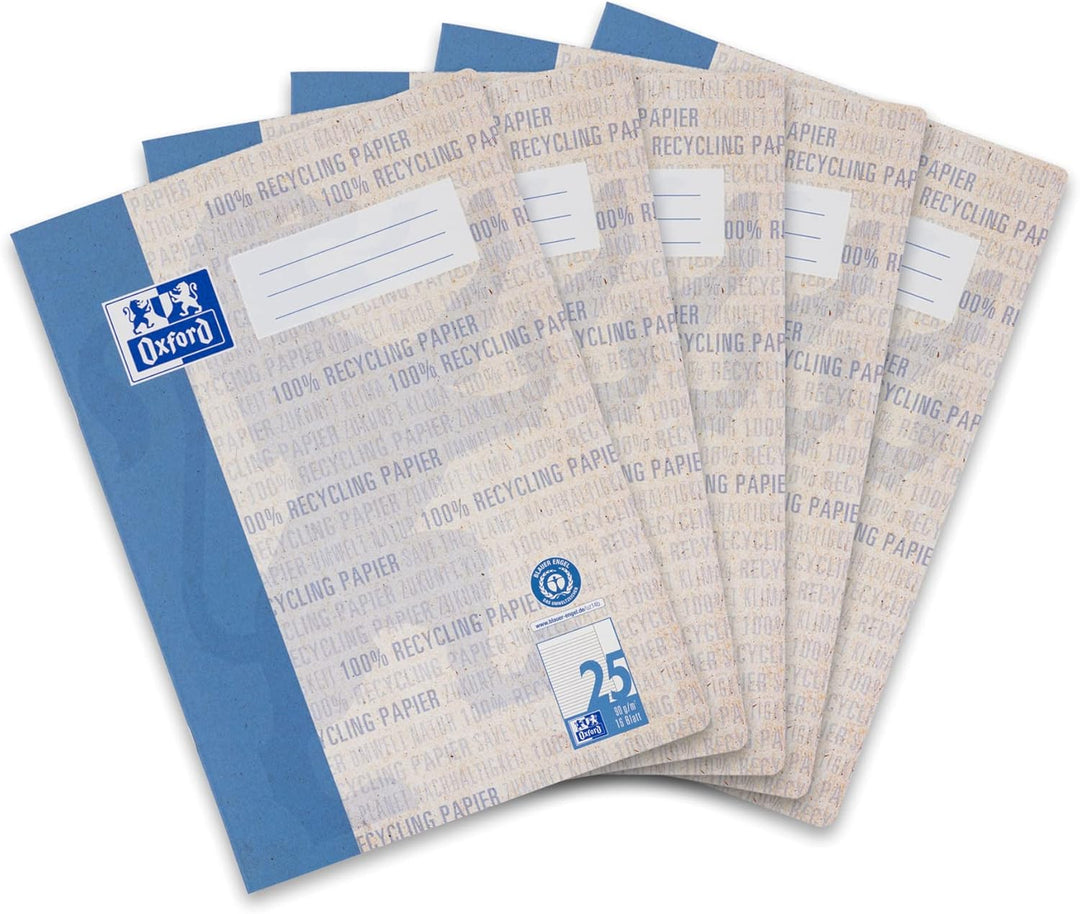 Oxford Recycling Schulheft A4, kariert mit Rand, Lineatur 26, 16 Blatt, 5 Stück & Recycling Schulhef
