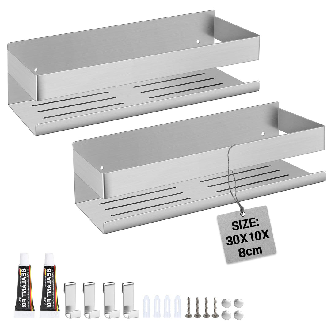 EXLECO 2x30CM Duschablage Ohne Bohren Duschregal Wand Edelstahl Badregal mit 2 Haken Duschkorb zum B