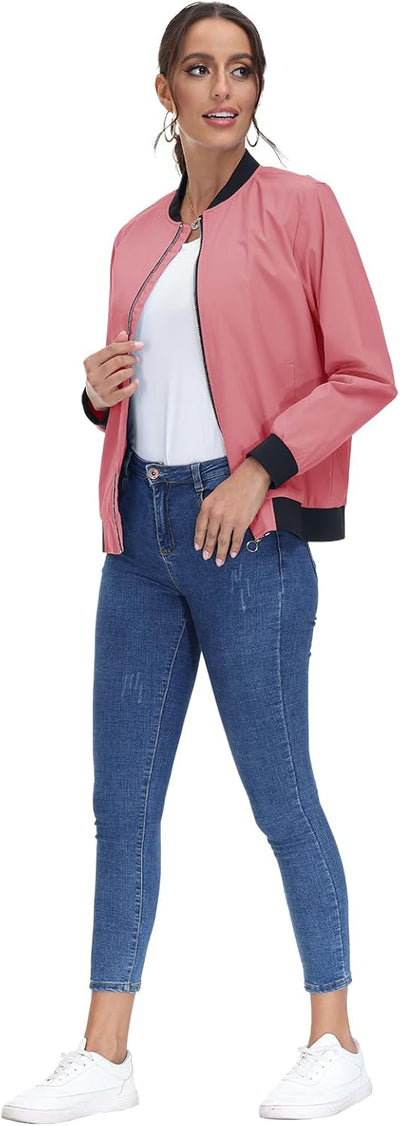 TACVASEN Damen Leicht Bomberjacke Casual College Jacket Sommer Fliegerjacke Sweatjacke M Rosa, M Ros