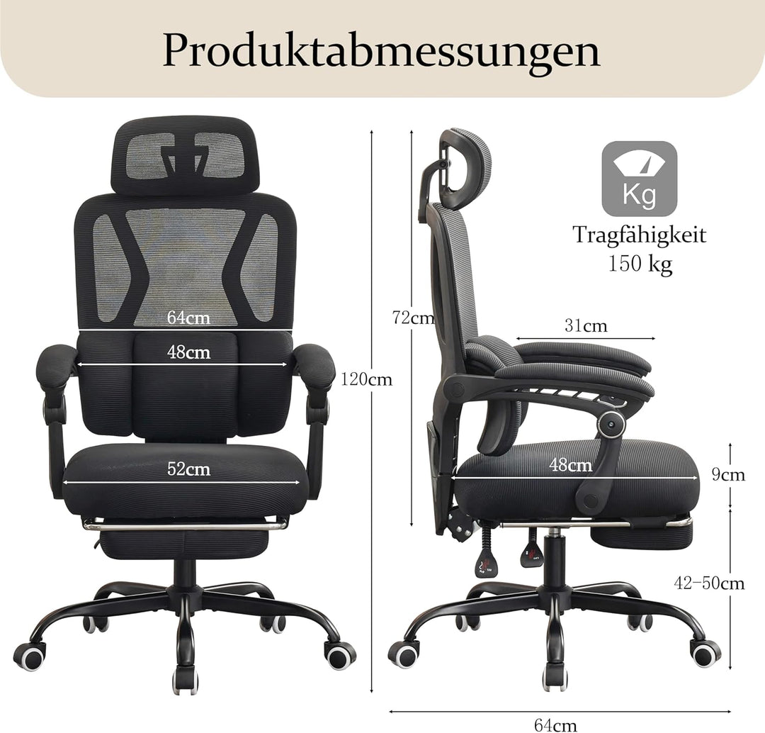 UEV Bürostuhl Ergonomisch mit Fussstütze, Homeoffice Stuhl, schwarz | Drehstuhl,Schreibtischstuhl,ne