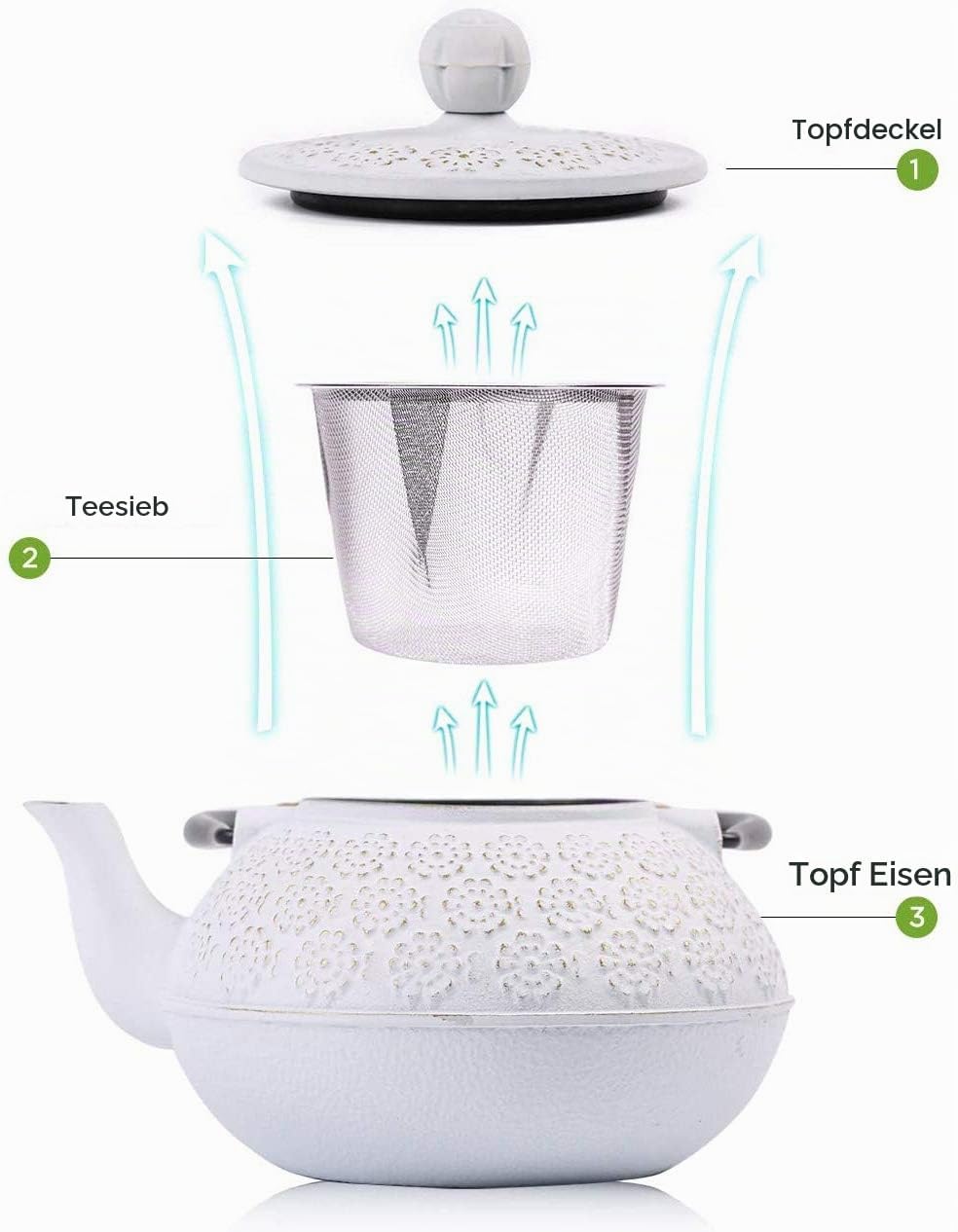 Webao Teekanne aus Gusseisen mit Teesieb, japanischer Teekessel 800 ml, für 4 Tassen, Weiss 800ml Sa