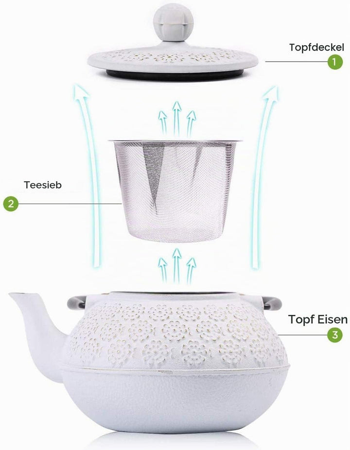 Webao Teekanne aus Gusseisen mit Teesieb, japanischer Teekessel 800 ml, für 4 Tassen, Weiss 800ml Sa