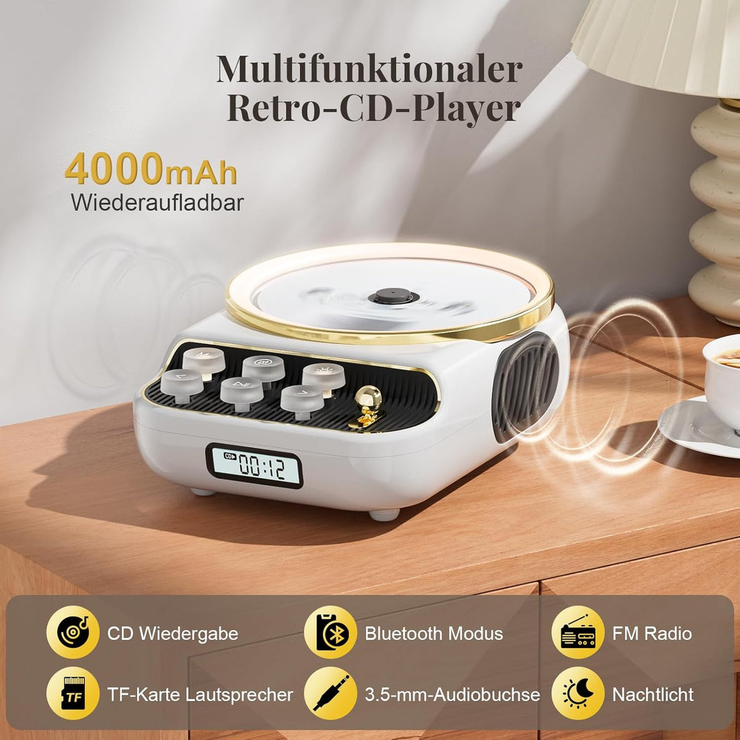 Retro CD Player Tragbar mit Bluetooth 5.3 Lautsprecher HiFi Sound Nachtlicht Staubschutz LED-Bildsch